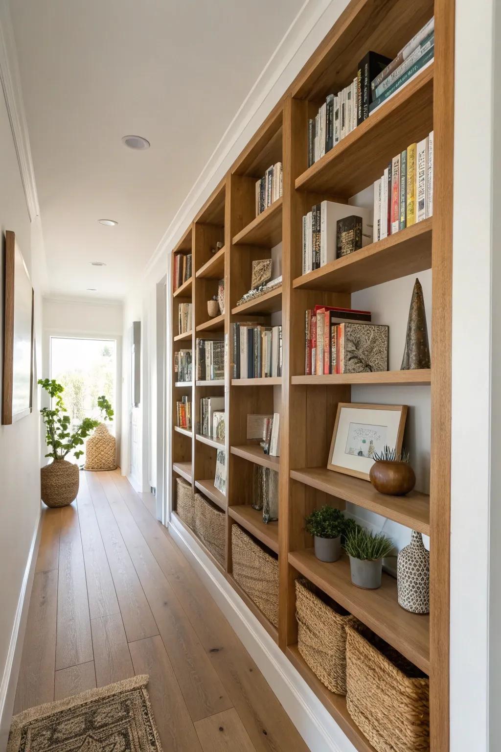 Transform your narrow hallway into a stunning library with stylish built-in shelving.