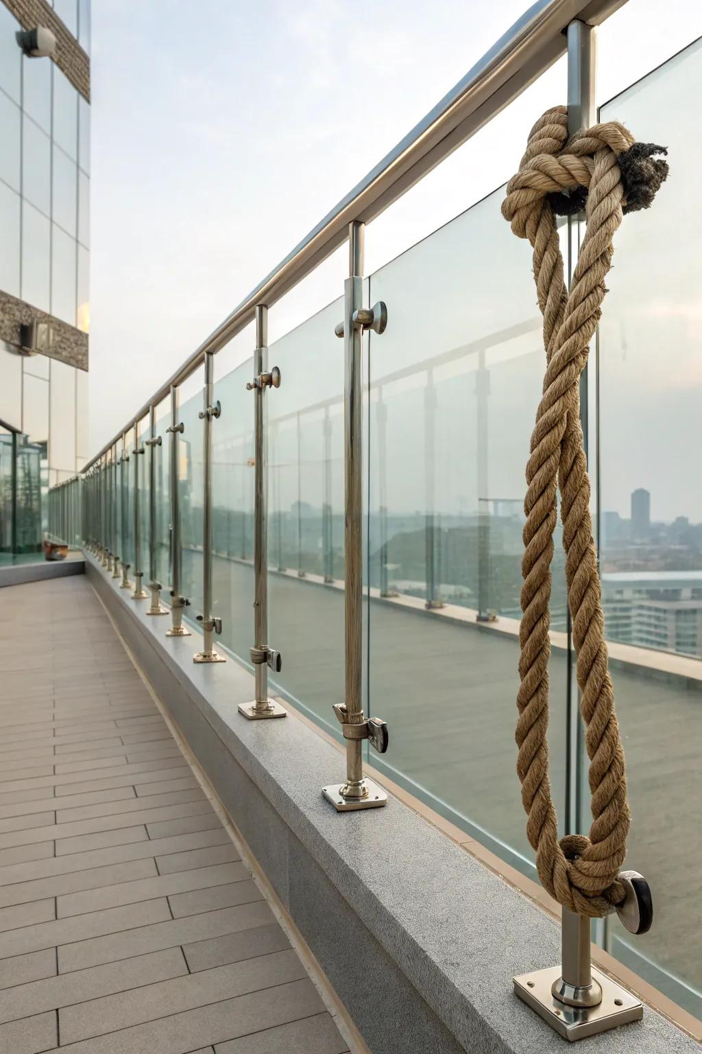 Elevate your space with a striking glass and rope railing design that embodies modern minimalism.