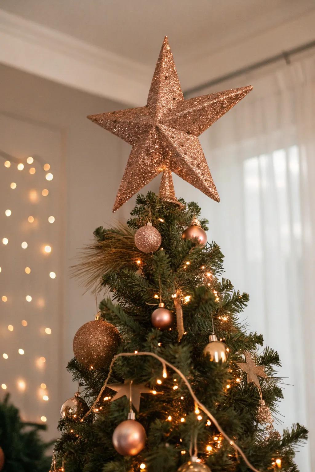 A sparkling rose gold star tops this elegant Christmas tree.