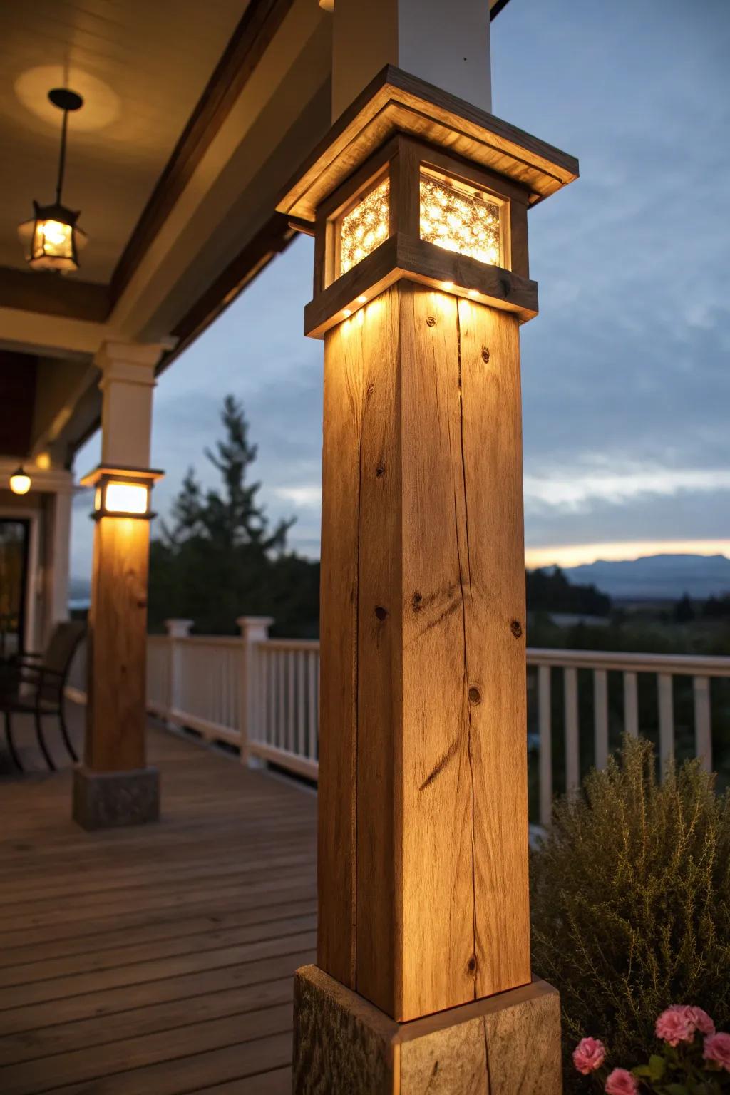 Transform your porch with the warm allure of cedar posts, beautifully enhanced with integrated lighting for a magical evening ambiance.