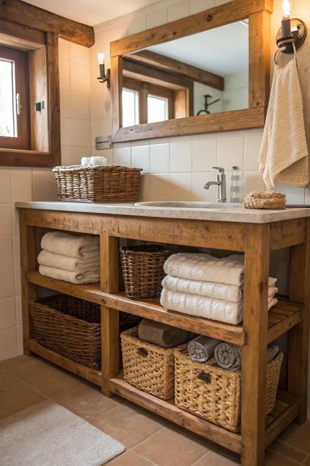 A rustic bathroom vanity with open wooden shelves displaying towels and baskets.