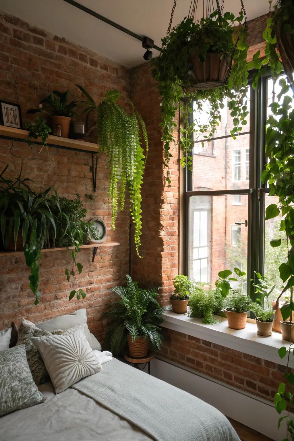 Lush greenery adding a fresh vibe to the rustic brick wall.