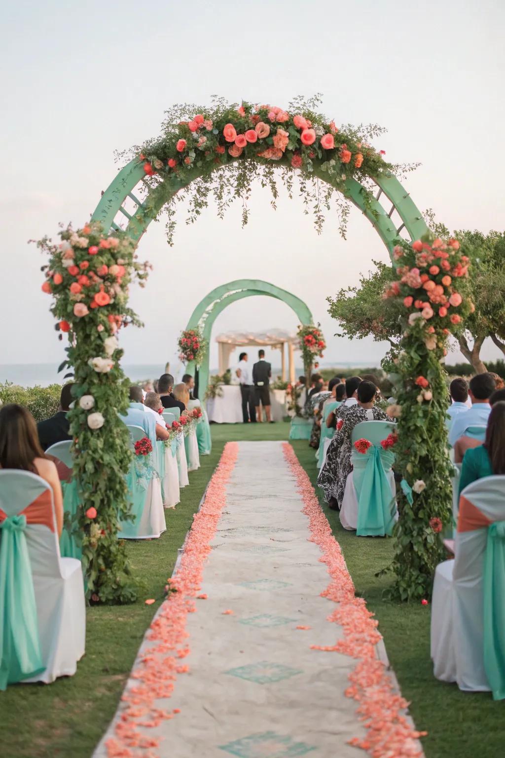 Coral and mint green create a refreshing and vibrant wedding atmosphere.