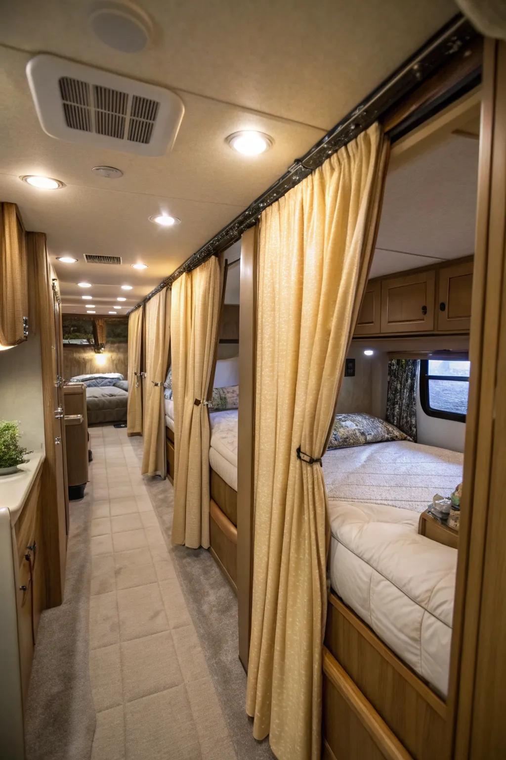 Curtain dividers create privacy while maintaining an open feel.