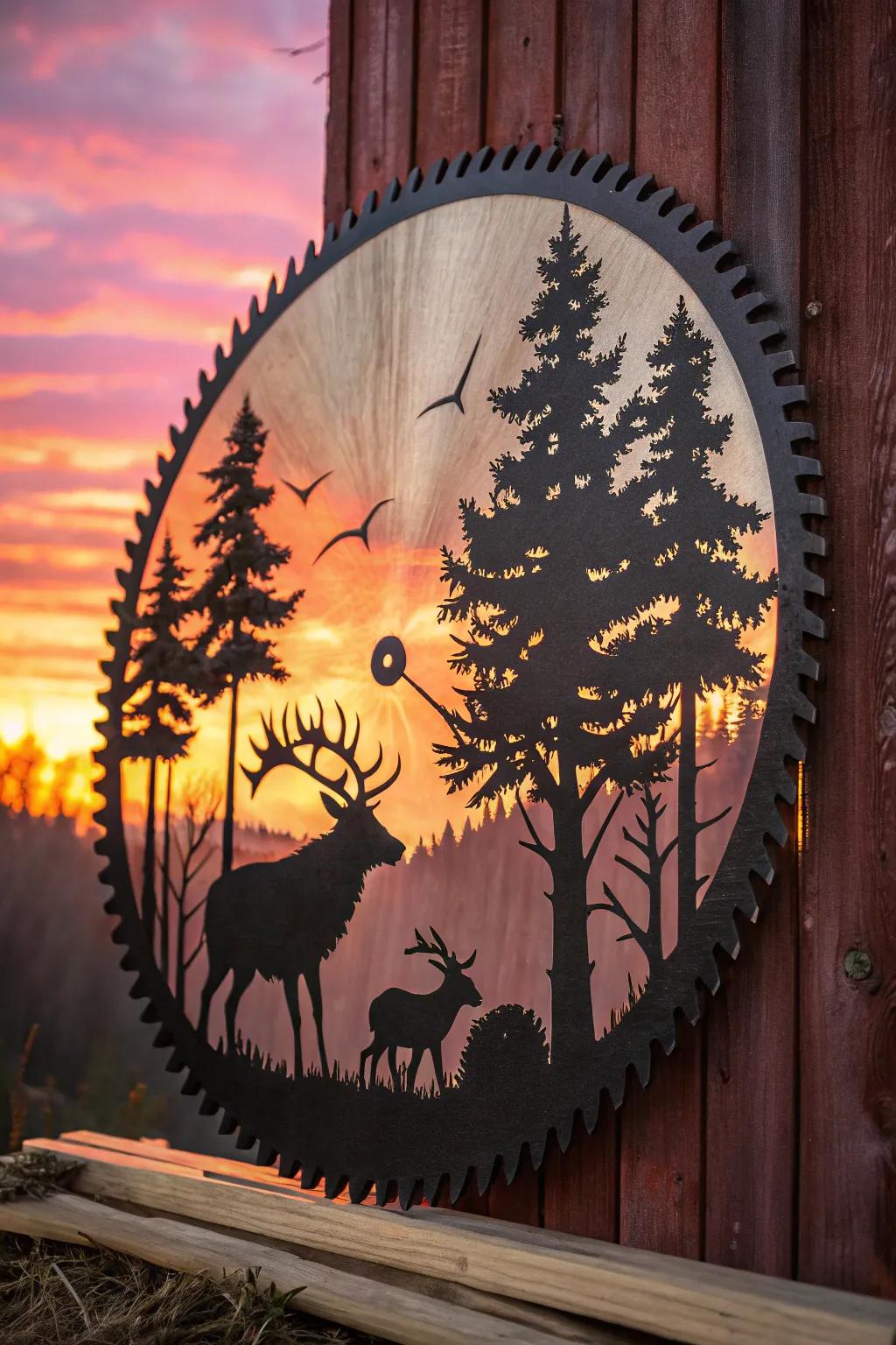 Nature's elegance captured in a saw blade: Wildlife silhouettes at sunset.