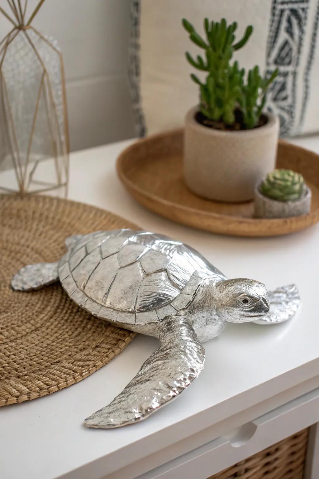 Crafted elegance: A shimmering tin foil sea turtle brings minimalist charm to your decor.