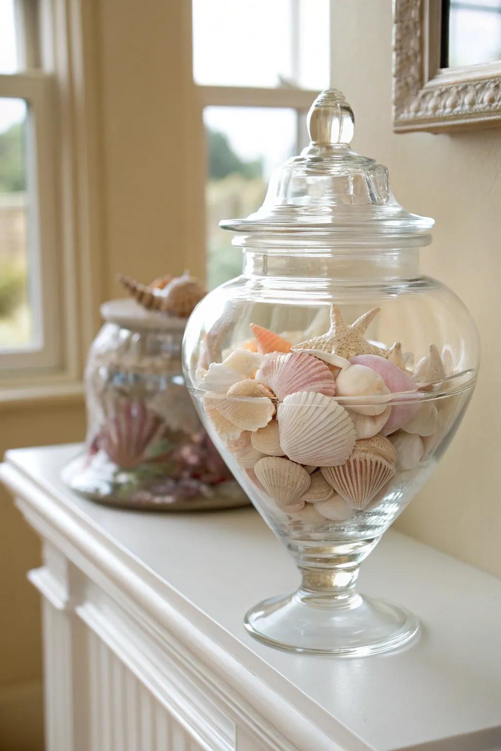 Transform your space with the timeless elegance of seashells displayed in a classic apothecary jar.