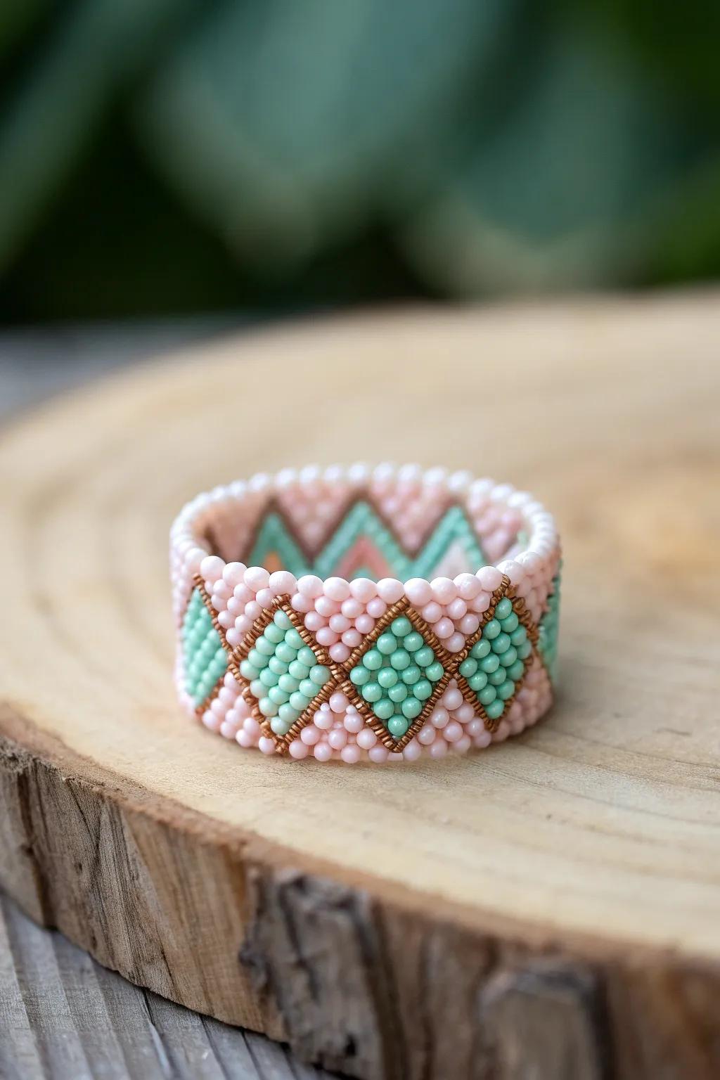Embrace modern elegance with this geometric seed bead ring, where structured design meets boho charm.