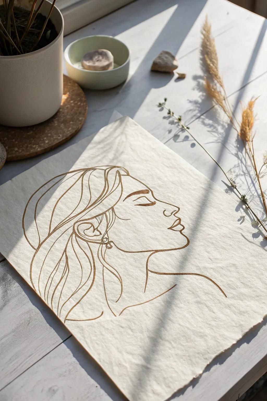 Embrace the art of simplicity with a continuous line portrait that celebrates the beauty of imperfection.