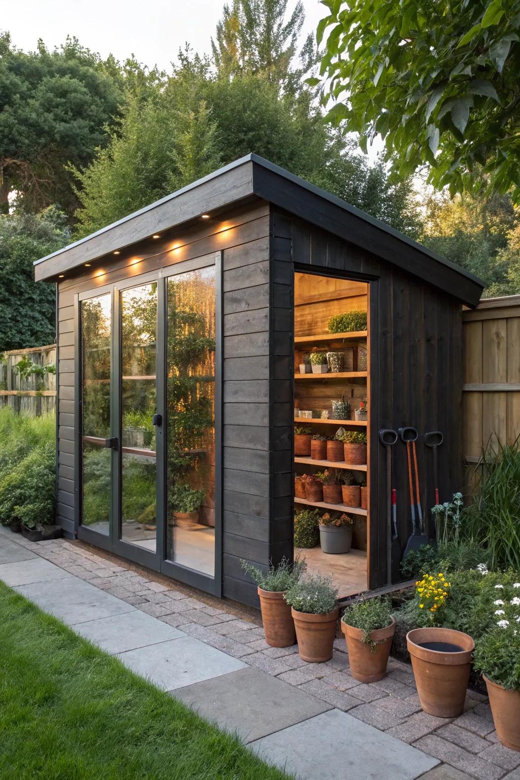 Transform your garden shed into a plant lover's paradise with sleek shelves and stylish hooks.
