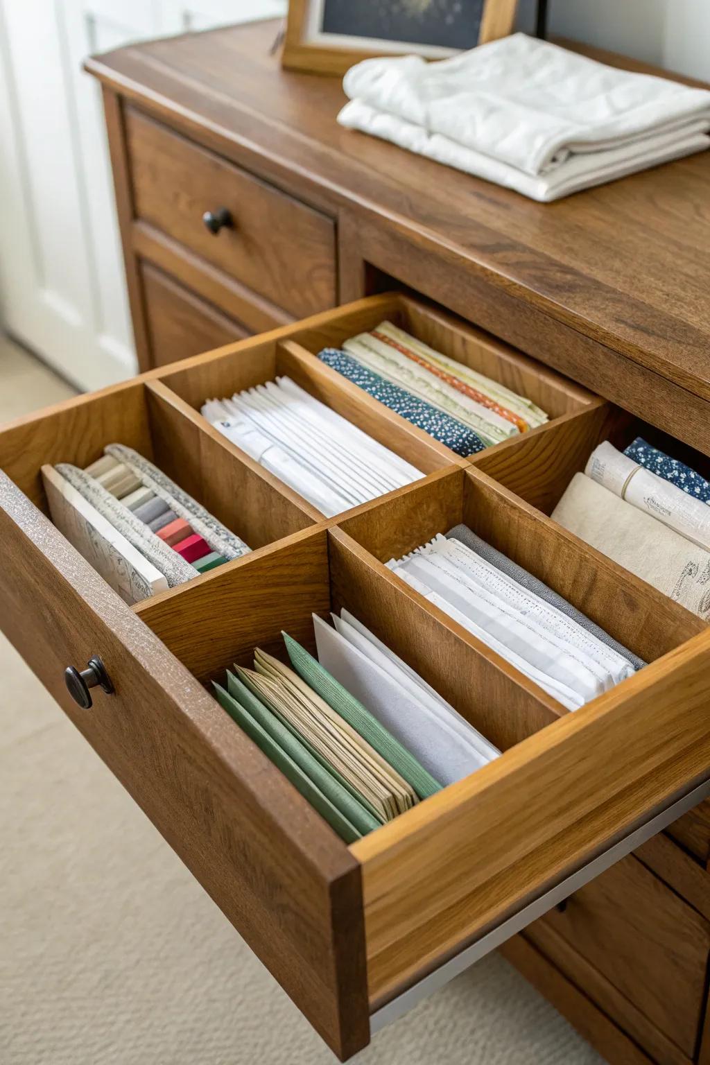 Drawer organizers provide a practical solution for sheet storage.