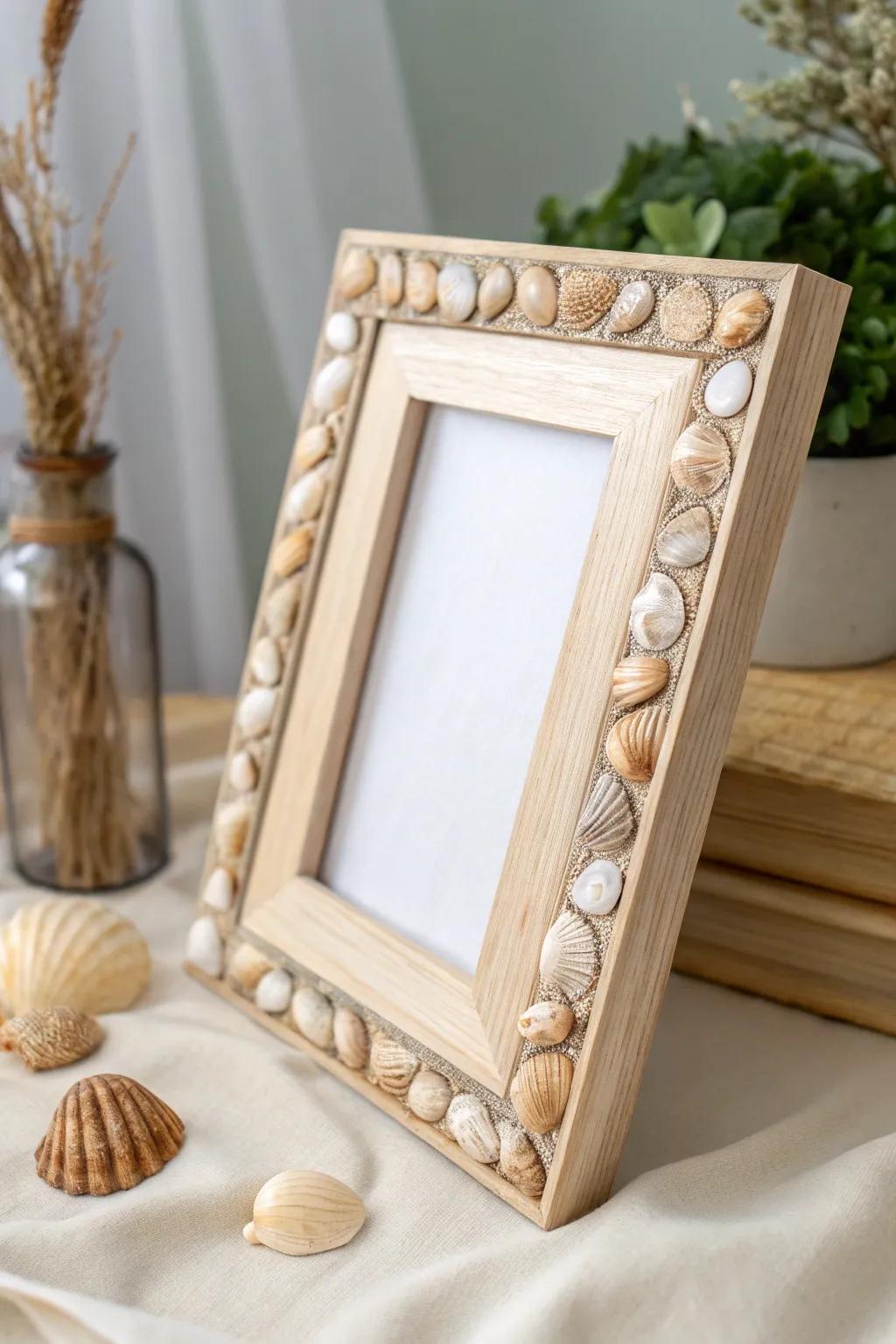 Embrace coastal charm with a handcrafted shell-adorned frame—where simplicity meets the sea.