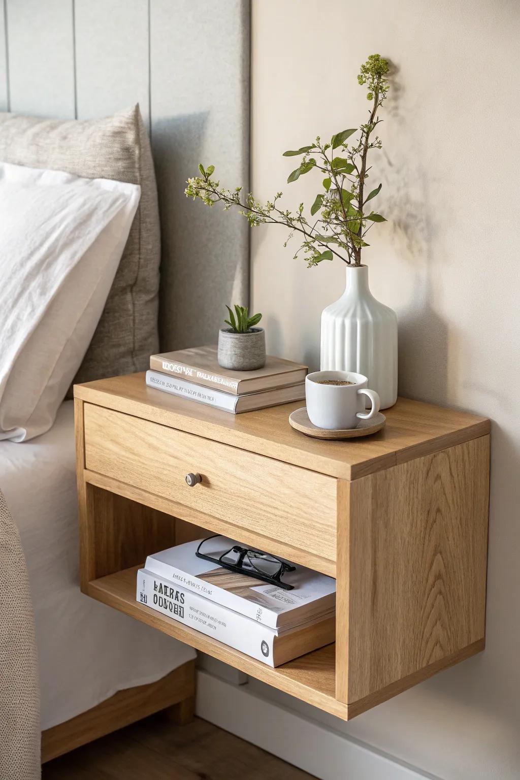 Elevate your space: embrace the charm of wall-mounted shelves as sleek nightstand alternatives. #ScandiMinimalist #BohoTouches