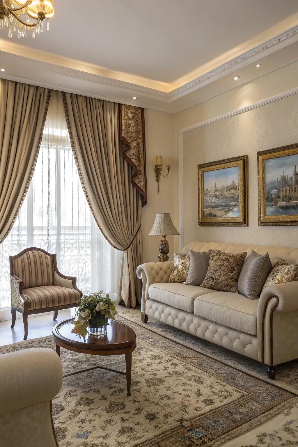 Short curtains with elegant tie-backs for added style.