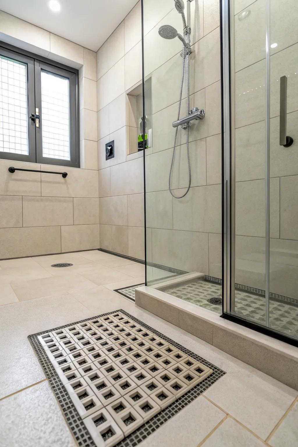 Square drains offer a structured look.