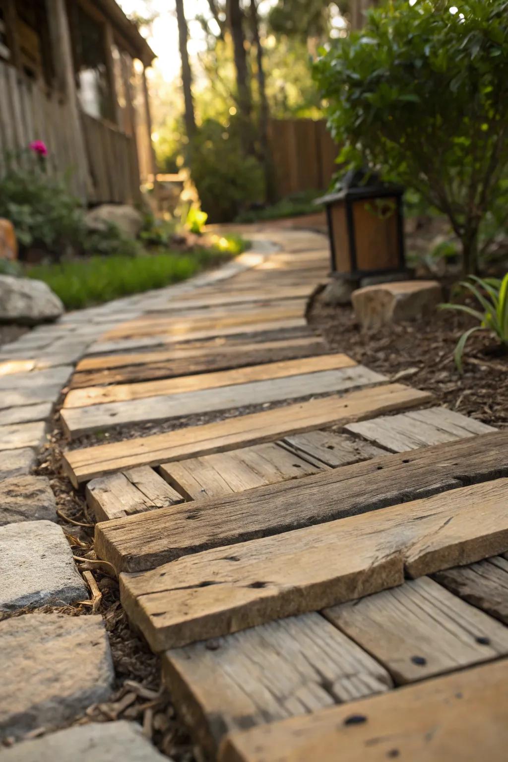 Enhance your garden path with rustic wooden edging for a cozy, cottage-inspired look.