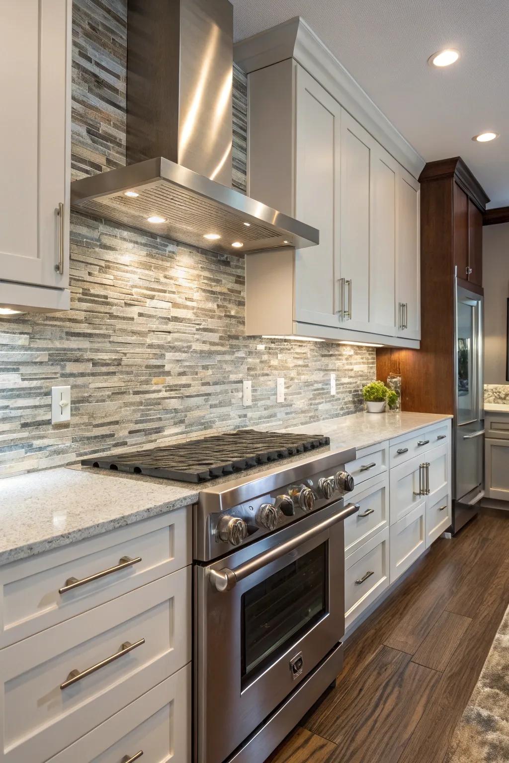 A dynamic kitchen backsplash combining silver, glass, and stone tiles.