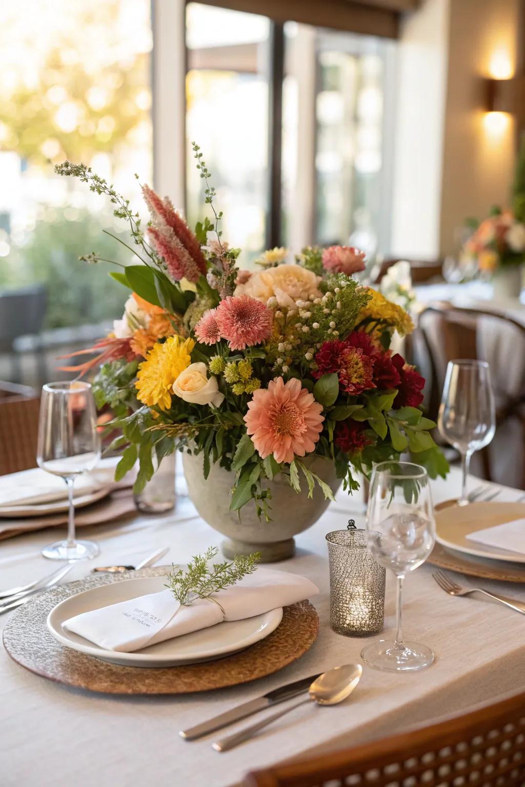 Floral centerpieces add a touch of elegance and color.