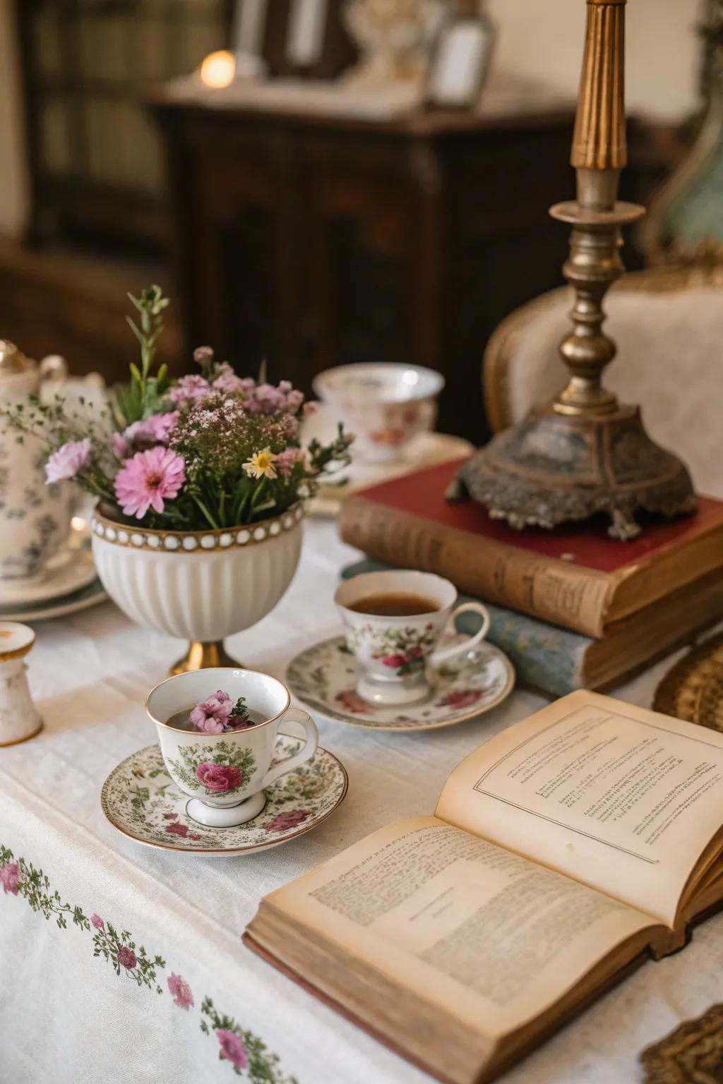 Teacups filled with flowers provide a vintage charm.