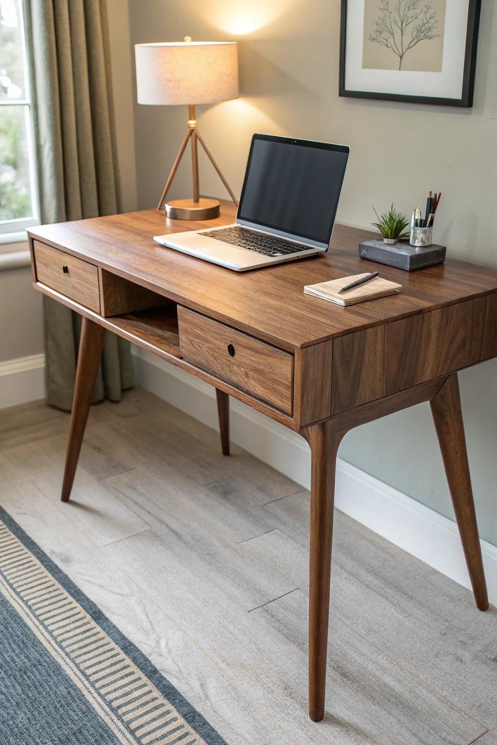 Transform your corner into a stylish workspace with this sleek, compact wooden desk.