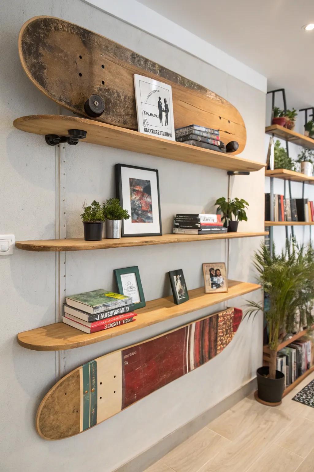 Repurposed skateboards as creative floating shelves.