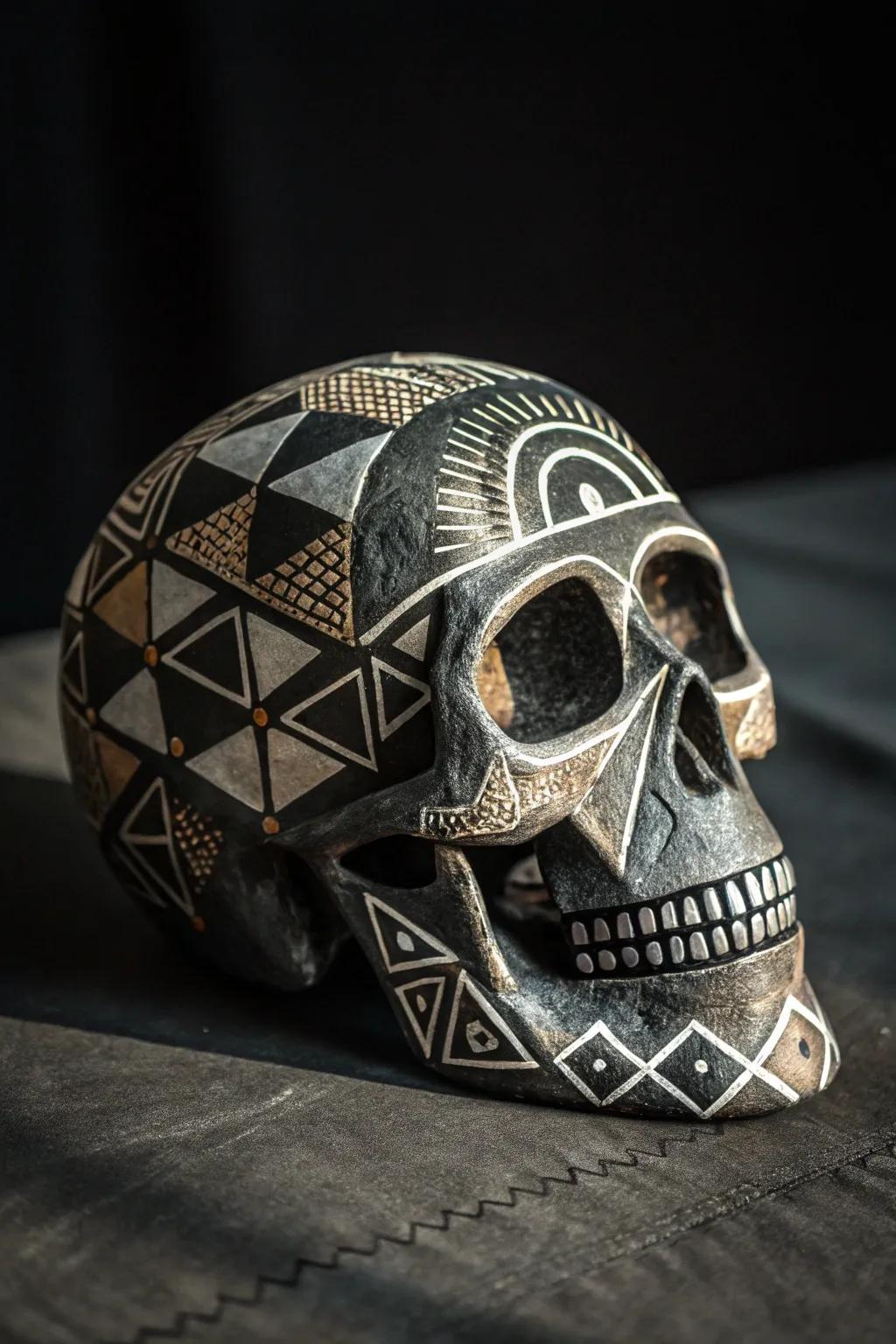 Discover the art of contrast with geometric designs that redefine the classic skull.