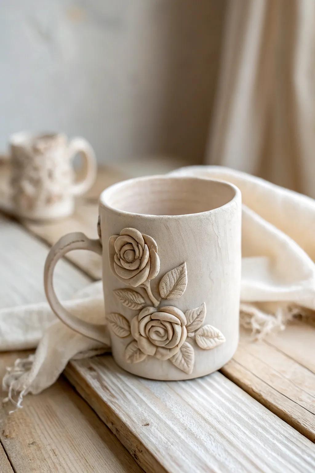 Elevate your coffee ritual with this artisanal slab mug adorned with elegant sculpted floral accents.