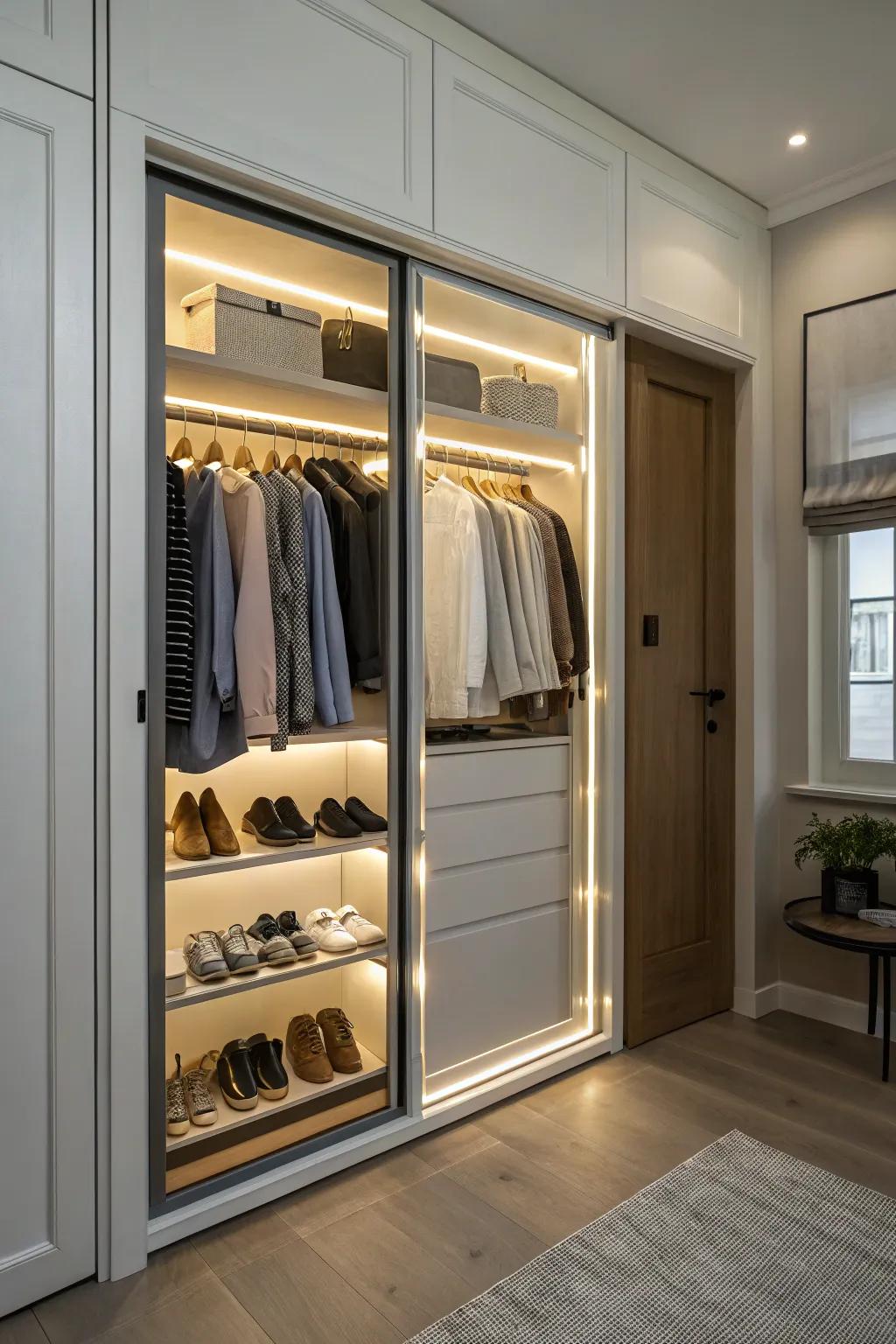 Integrated lighting brings clarity and elegance to your closet.