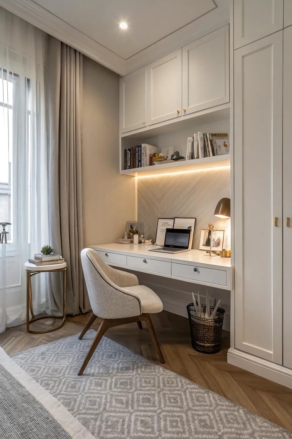 A slim-line desk complements a minimalist bedroom design.