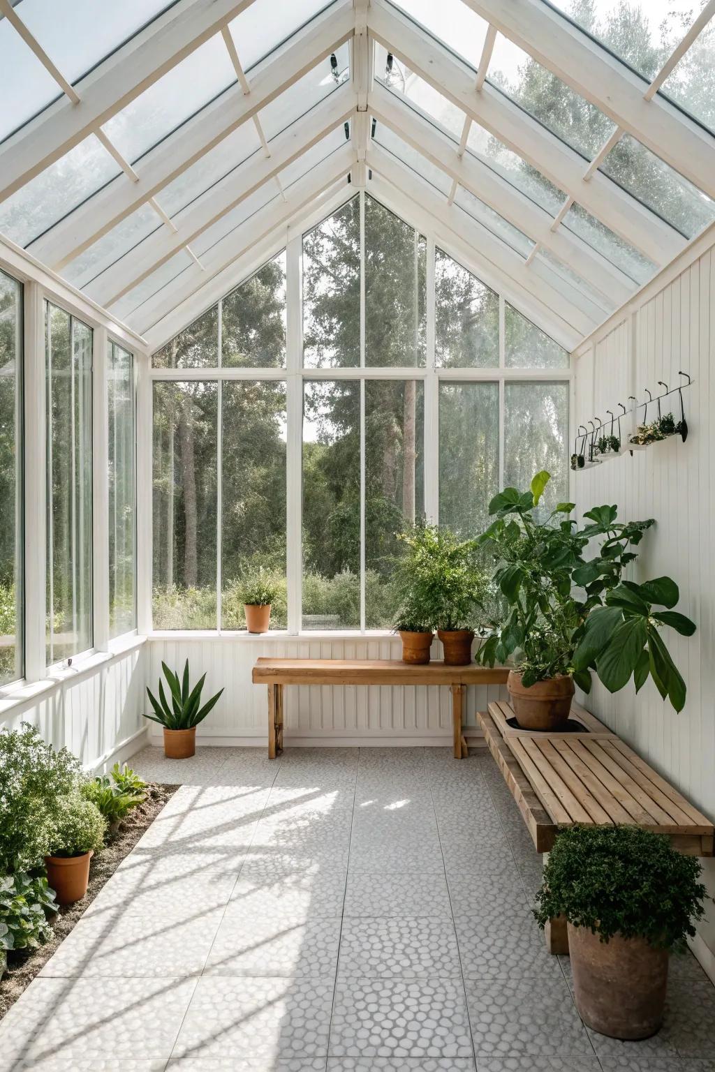Bask in the glow of natural light with minimalist greenhouse design. 🌿✨ #ScandiBoho #NaturalBeauty #GreenhouseGoals