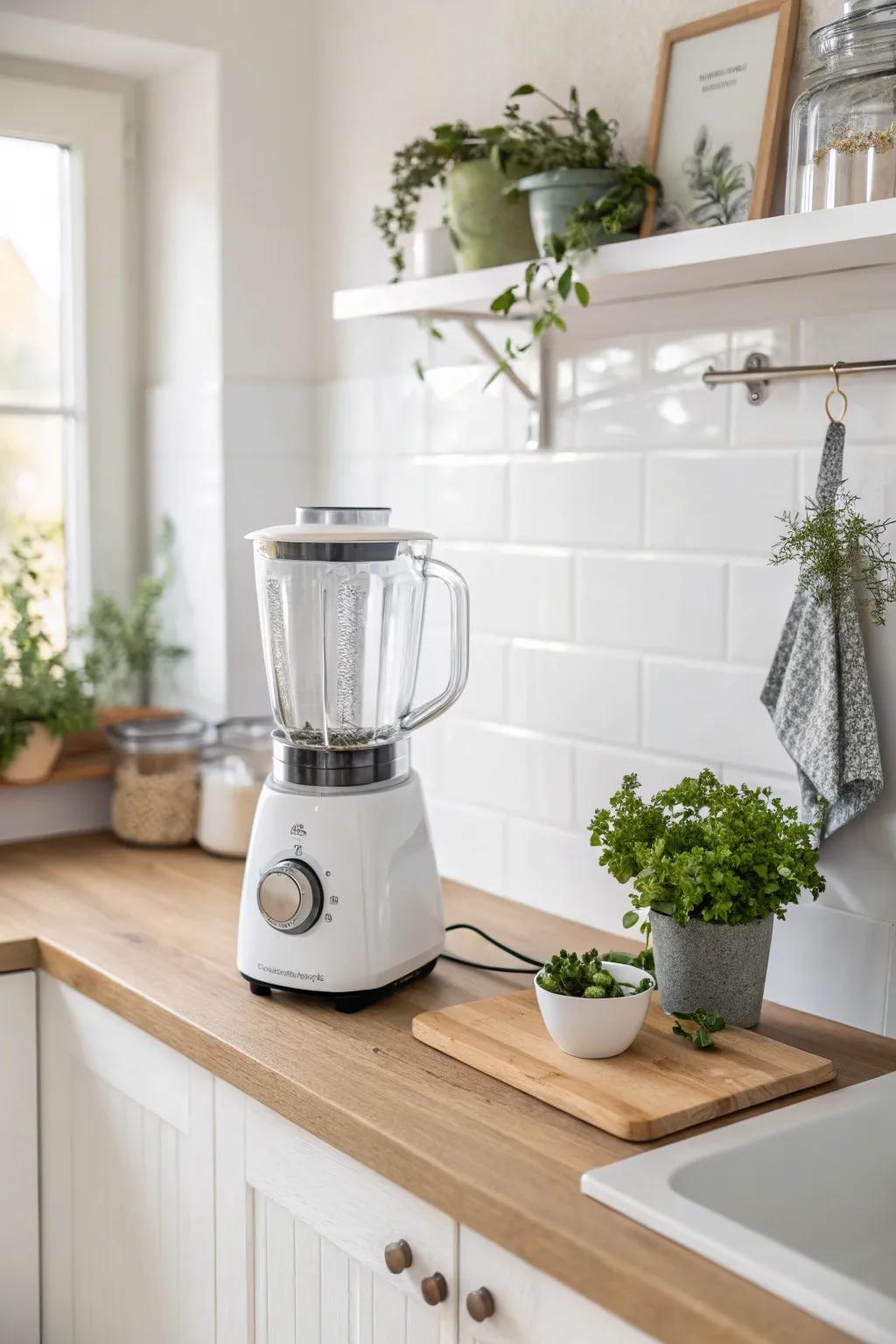 Maximize your space with style: the perfect compact blender for a chic, organized kitchen.