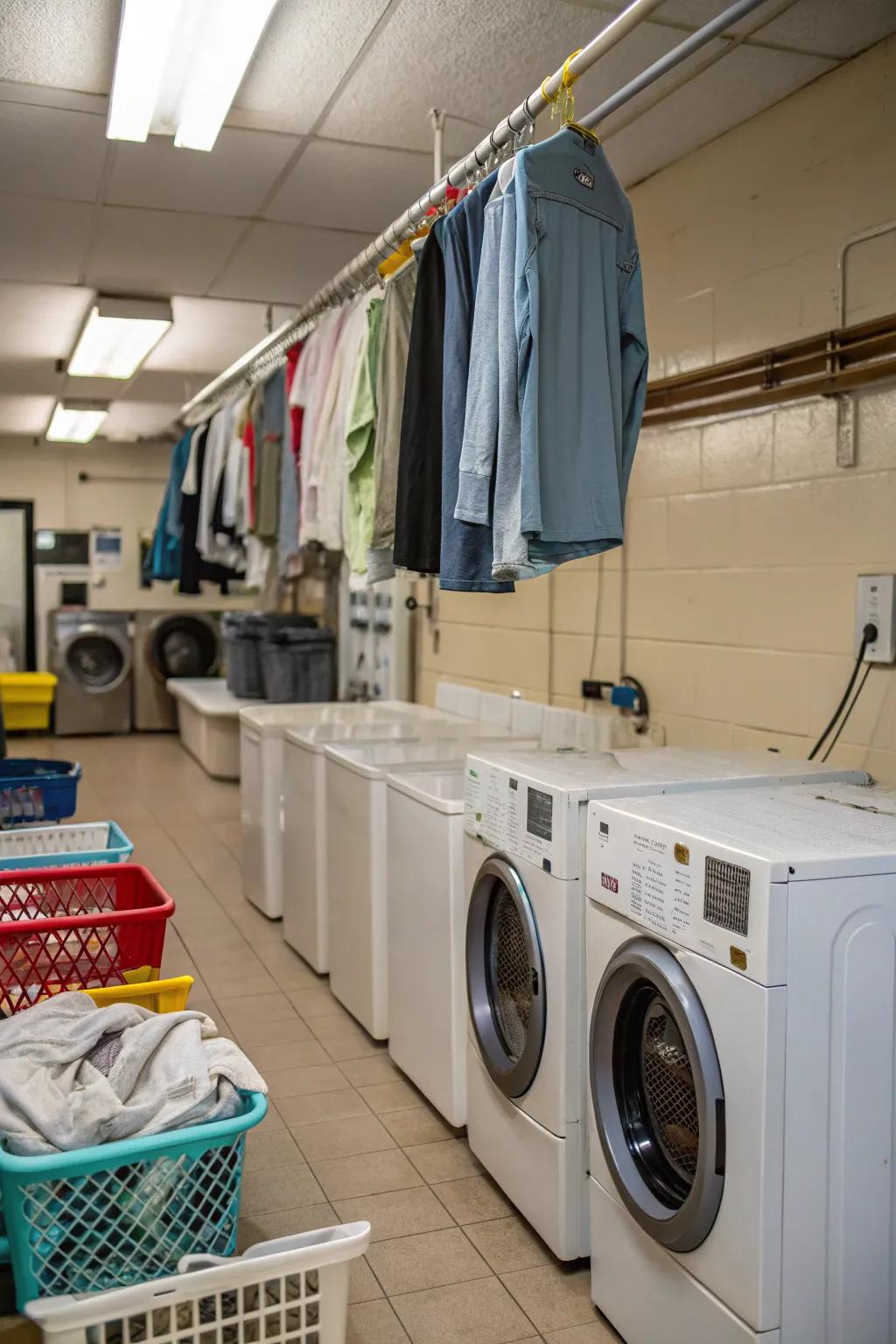 Maximize vertical space with hanging rods for drying clothes.