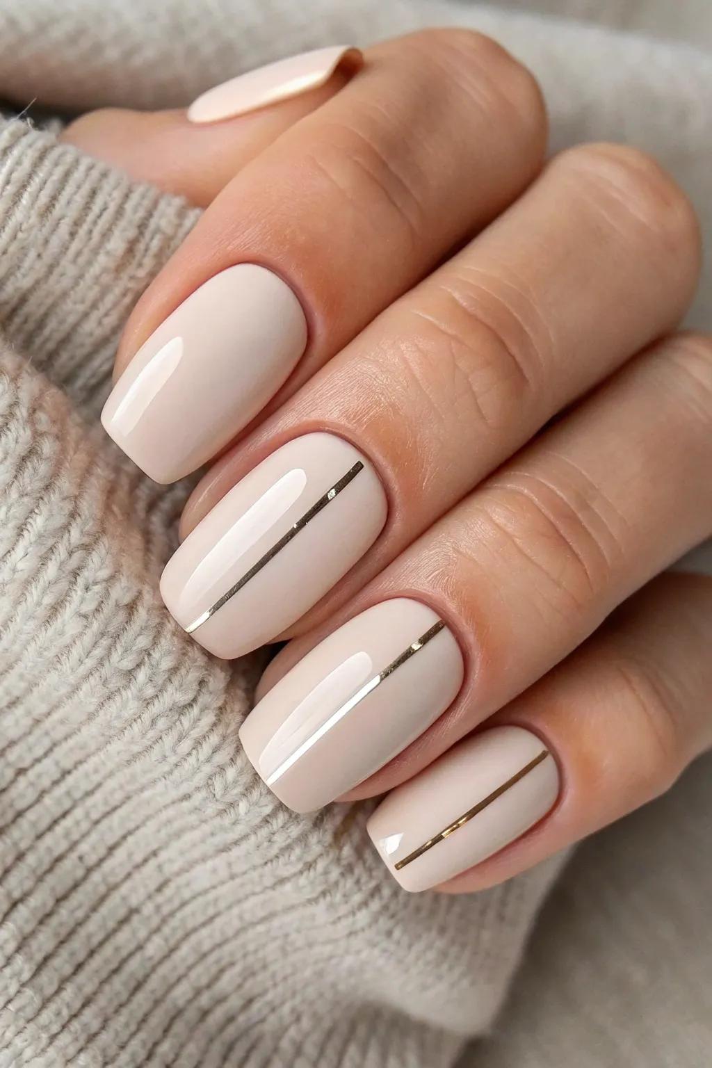 Embrace minimalist elegance with chic nude nails accented by a single metallic line.