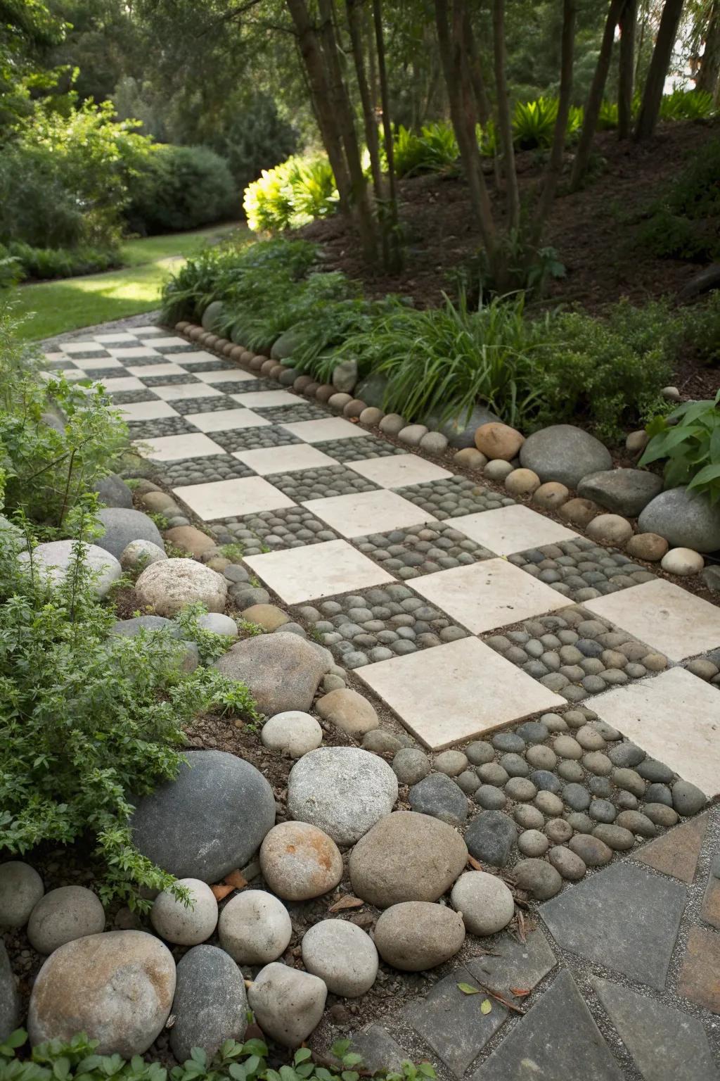 A perfect blend of nature and elegance: checkerboard stone garden edging.
