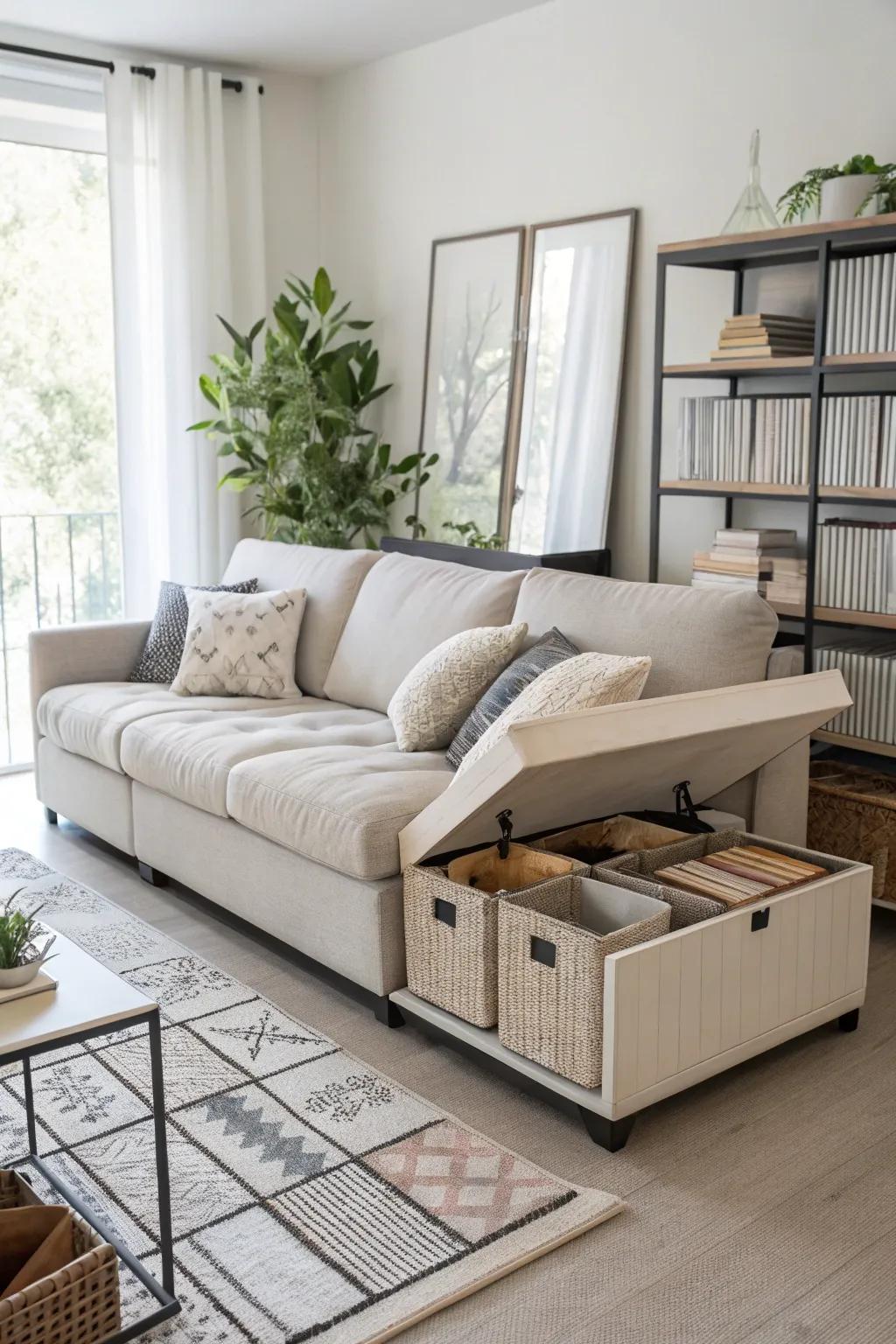 Hidden sofa storage keeps your living room tidy and organized.