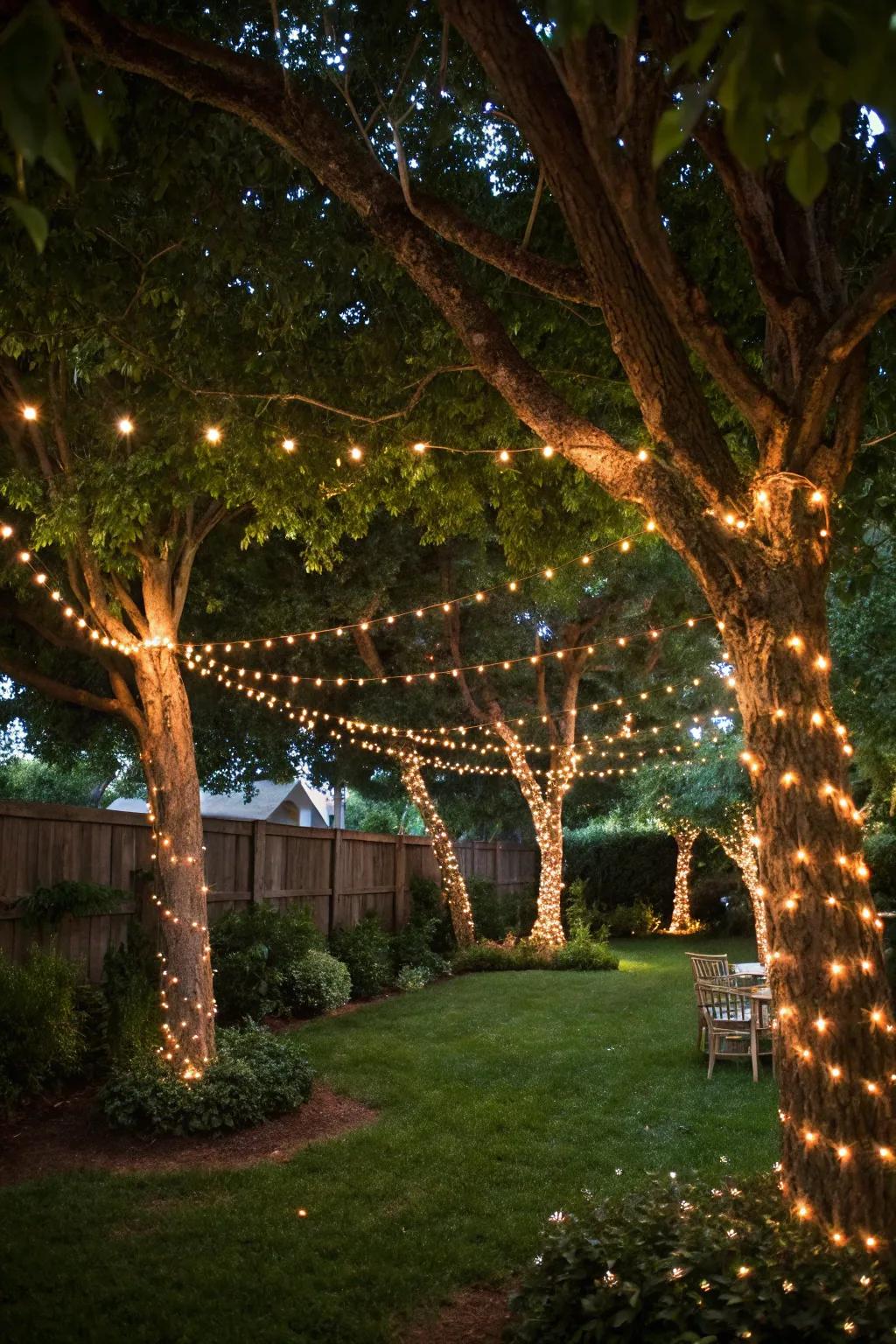 Use existing trees as natural poles for your string lights for an enchanting effect.