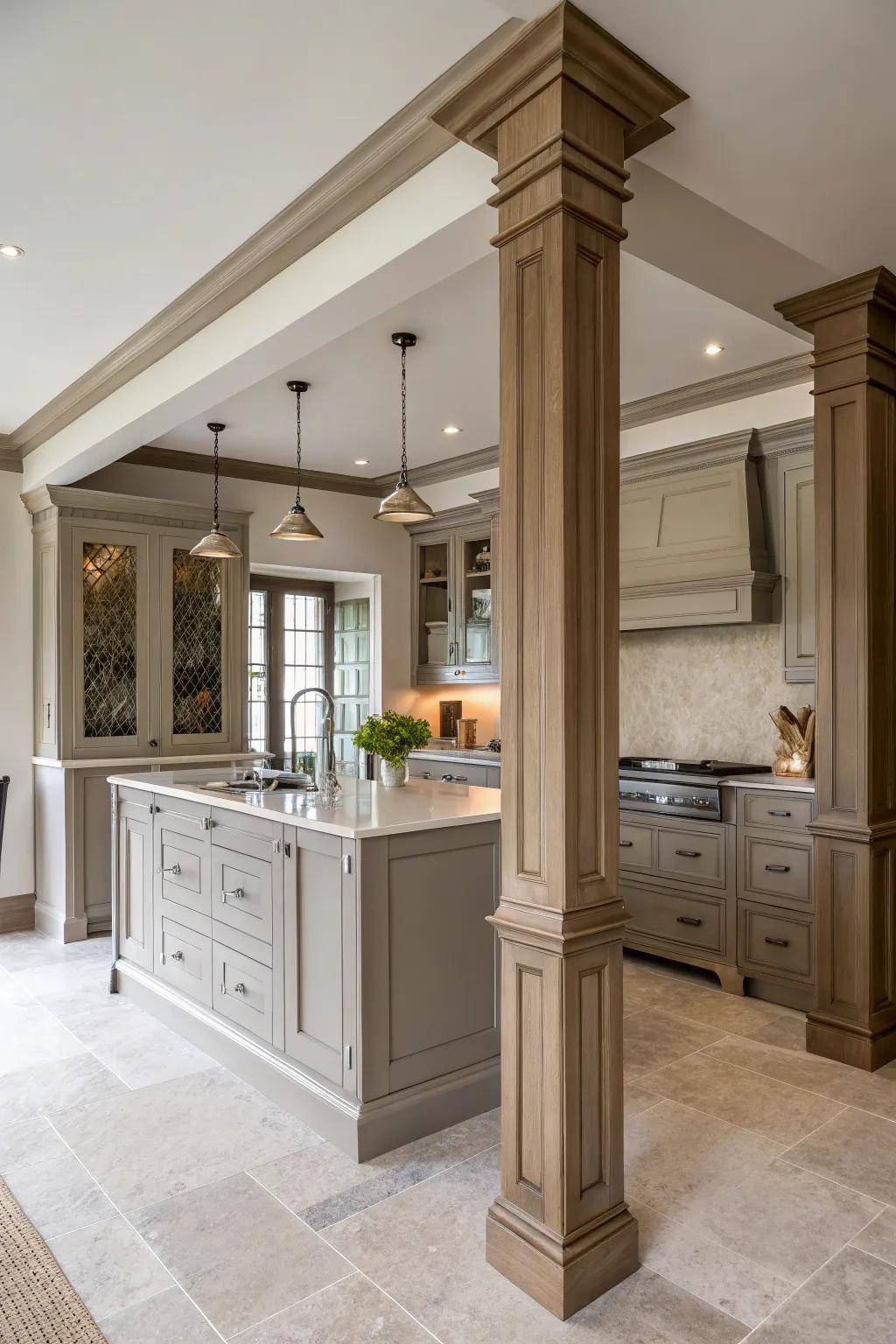 Seamlessly integrated posts and cabinetry in a harmonious kitchen.