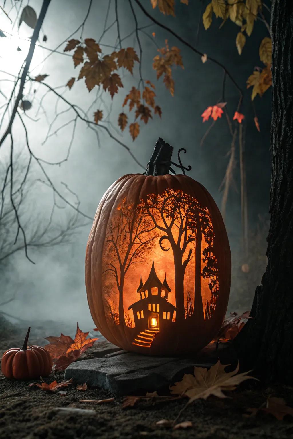 Step into the shadowy allure of autumn with this intricately carved pumpkin masterpiece.