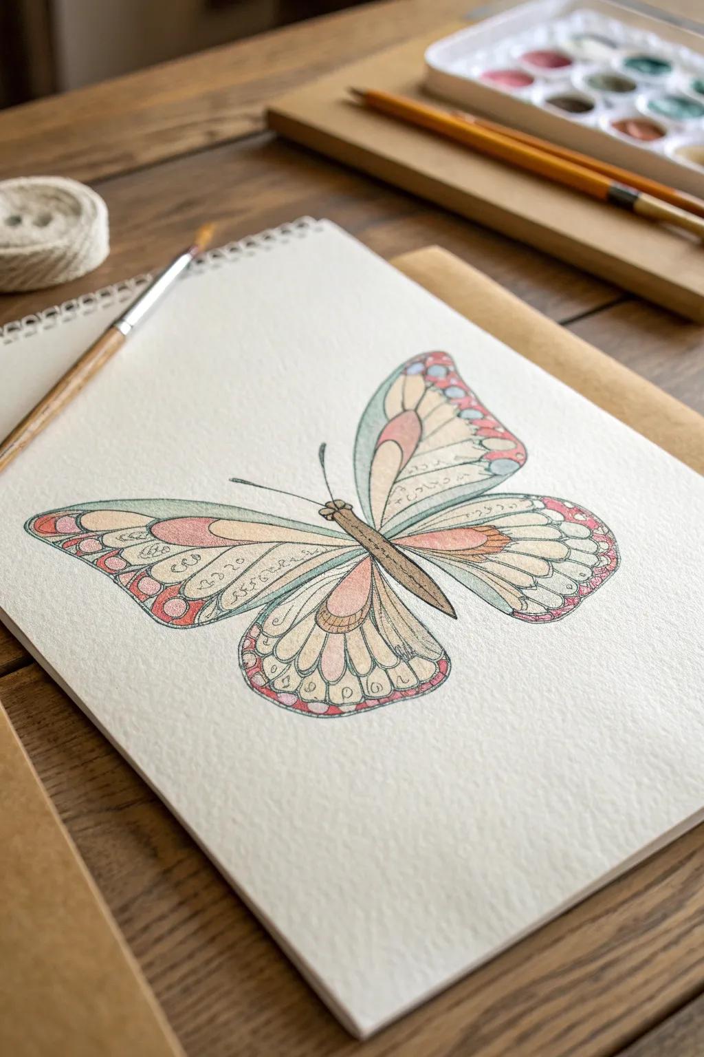 Delicate beauty captured: A minimalist butterfly sketch in soothing pastel tones.