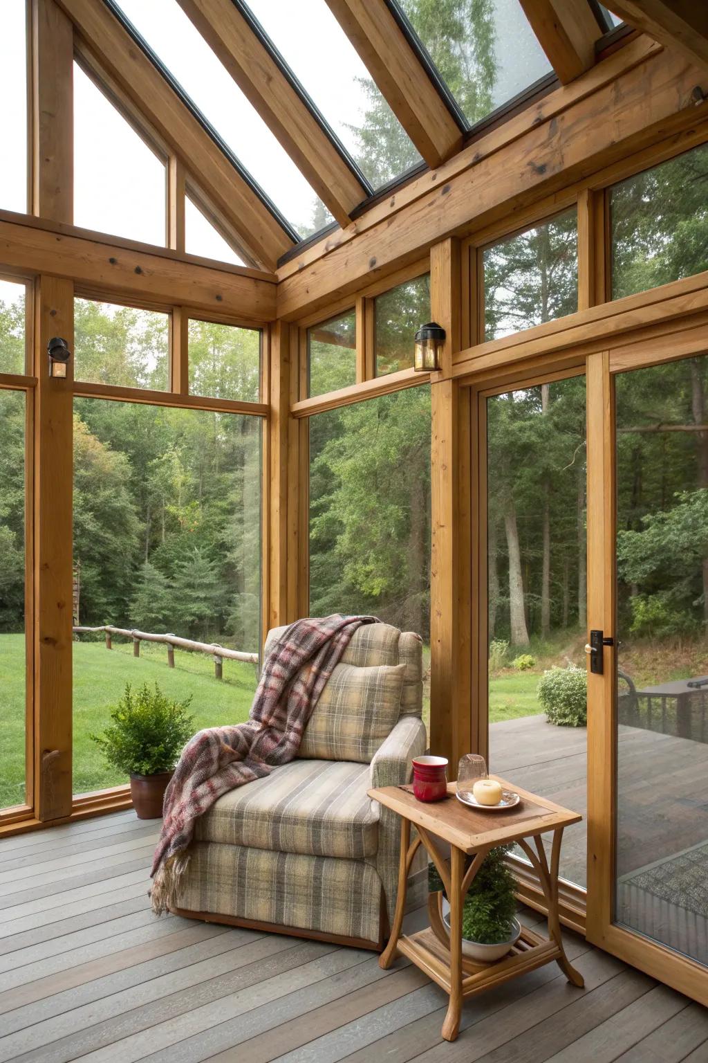 Transform your porch into a cozy enclosed sunroom for the perfect morning escape.