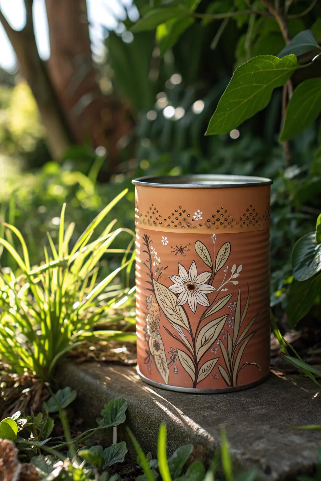 Add a whimsical touch to your garden with this charming tin can decor.