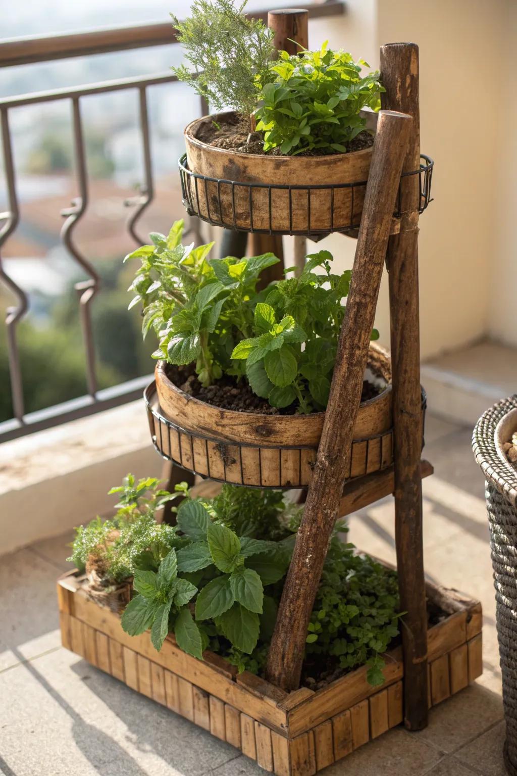 Elevate your green space with a handcrafted tobacco stick plant stand.