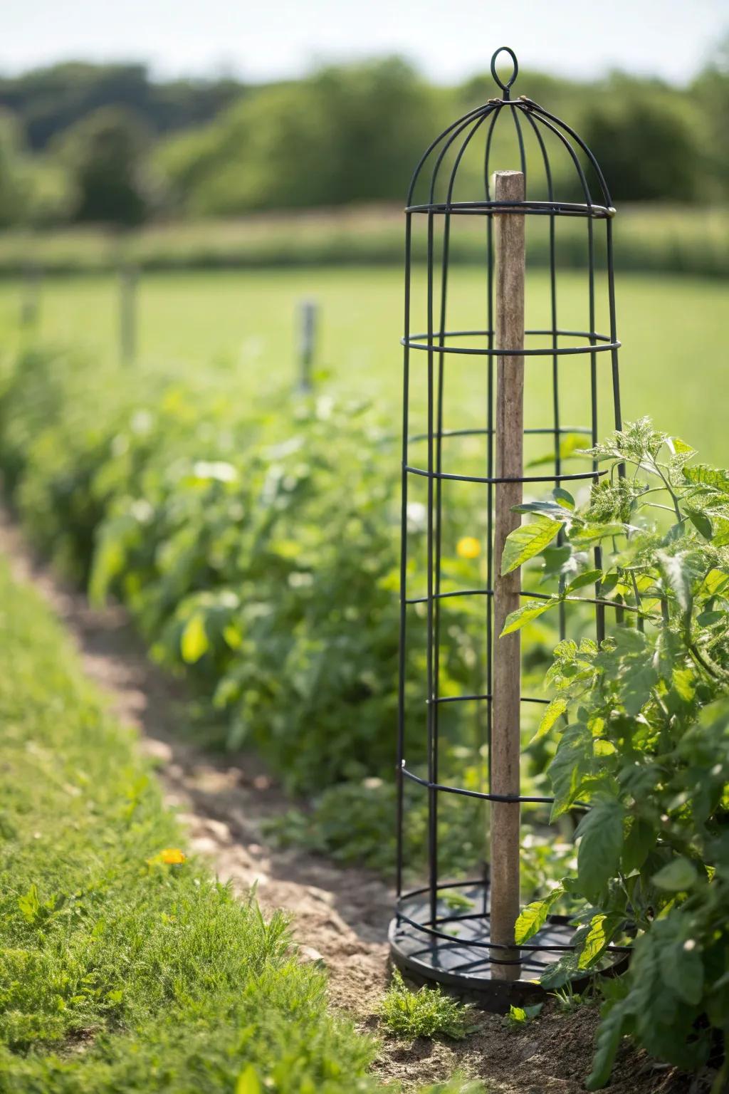 Elevate your garden with the timeless elegance of a traditional tomato cage, blending simplicity and natural beauty.