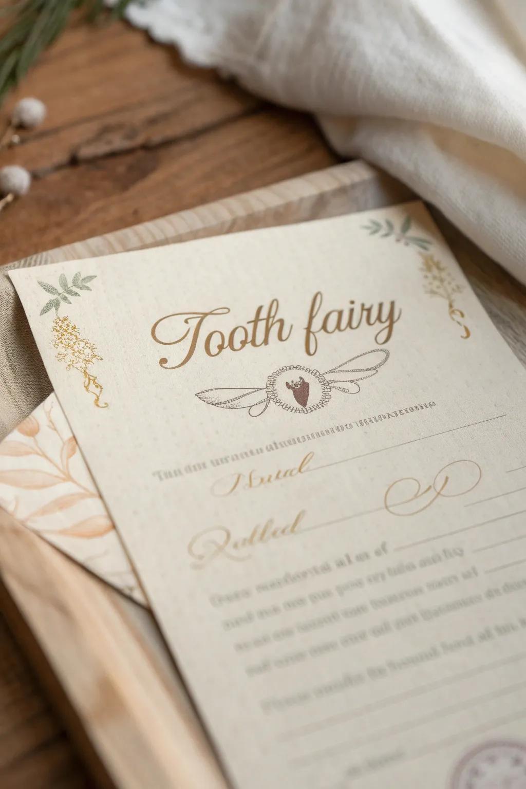 Capture the magic with a handcrafted Tooth Fairy receipt, where simplicity meets enchantment.