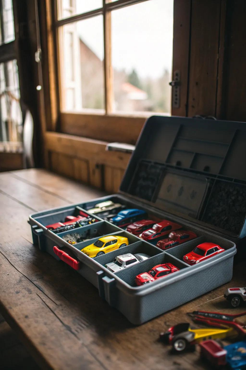 Revamp your toy car storage game with a tackle box - portable, organized, and stylish!