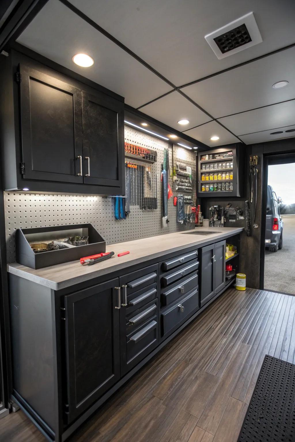 Transform your toy hauler garage into a haven for creativity with this sleek craft studio setup. #DIYStudio #GarageMakeover