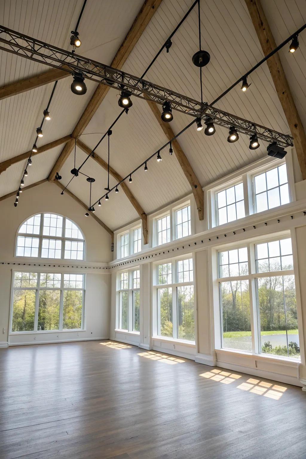 Track lighting perfectly complements natural light in a bright, airy space.