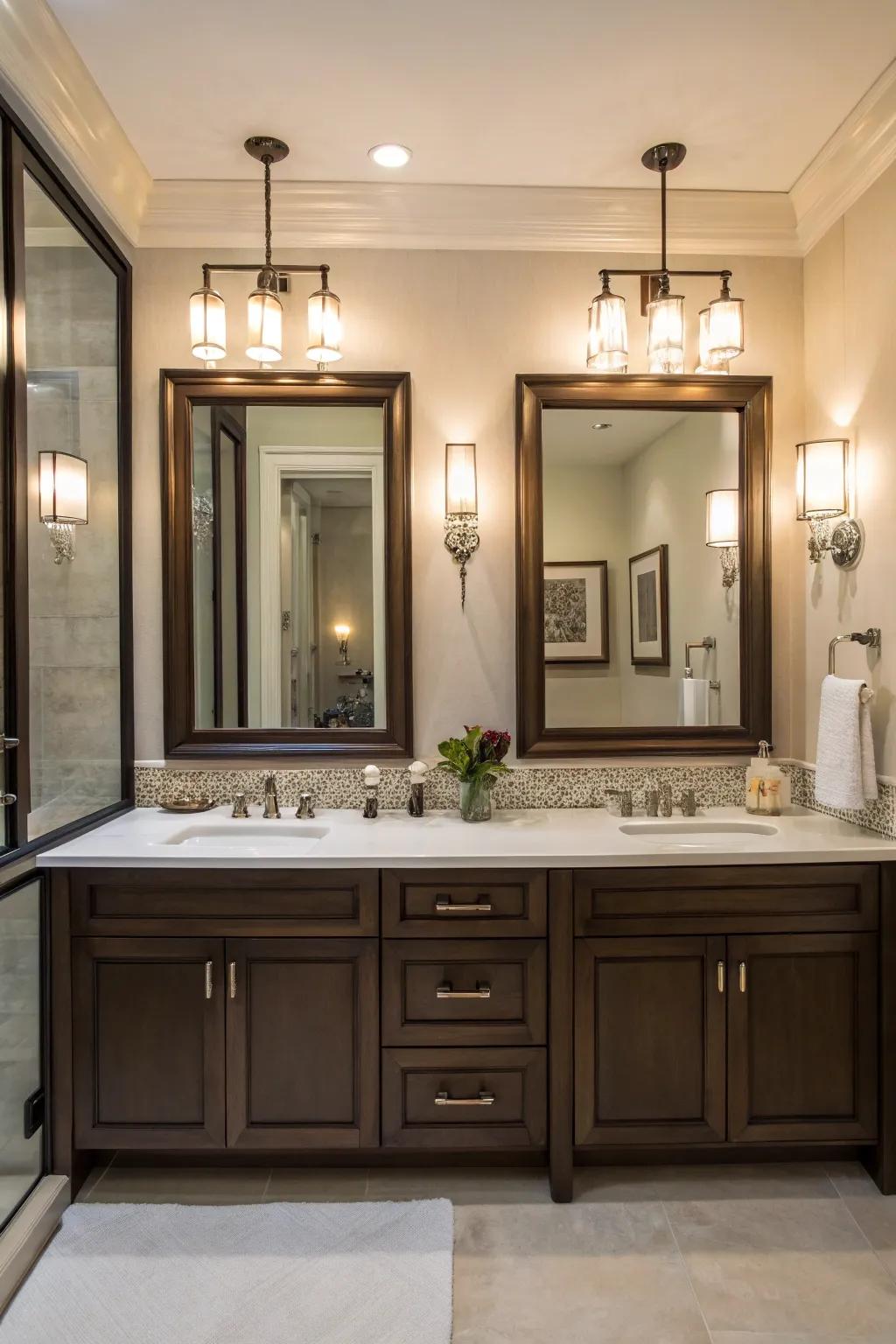Dual vanities offer convenience and style in transitional bathrooms.
