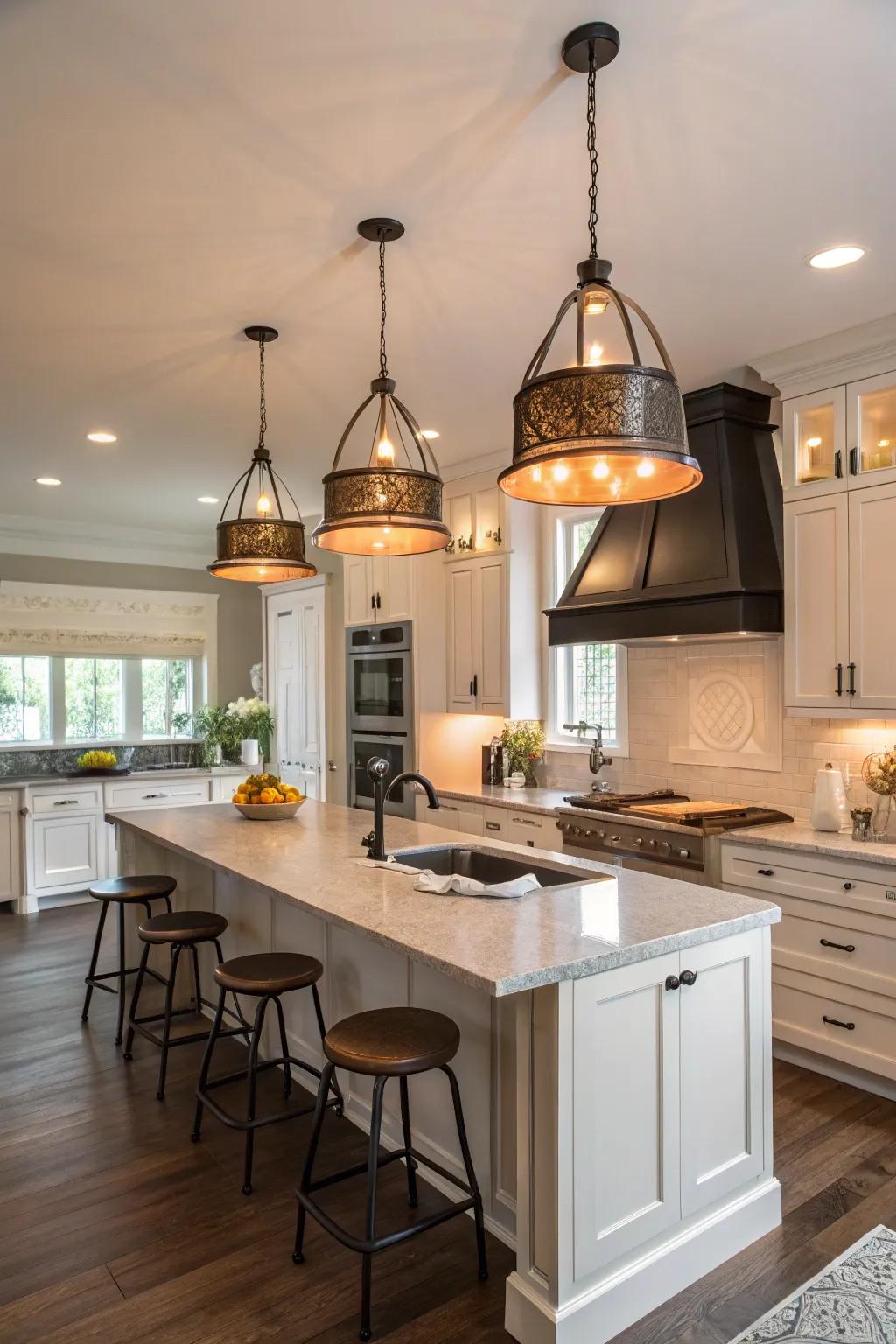 Statement lighting adds a modern flair to this transitional kitchen.