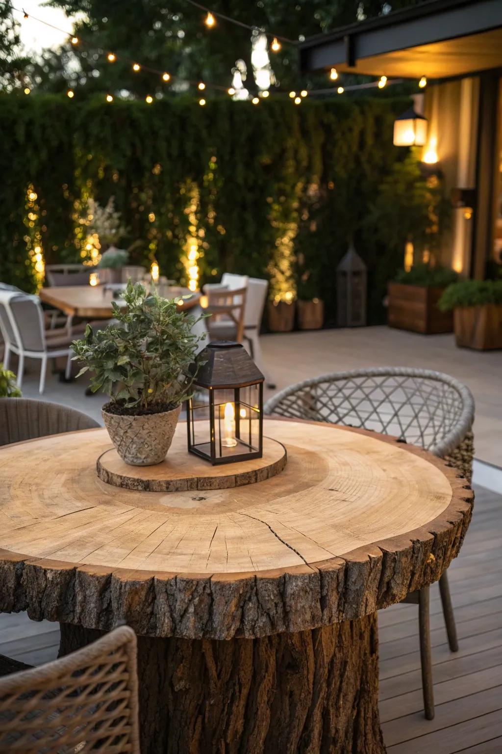 Elevate your outdoor dining with a rustic tree trunk tabletop—nature's elegance meets modern style.